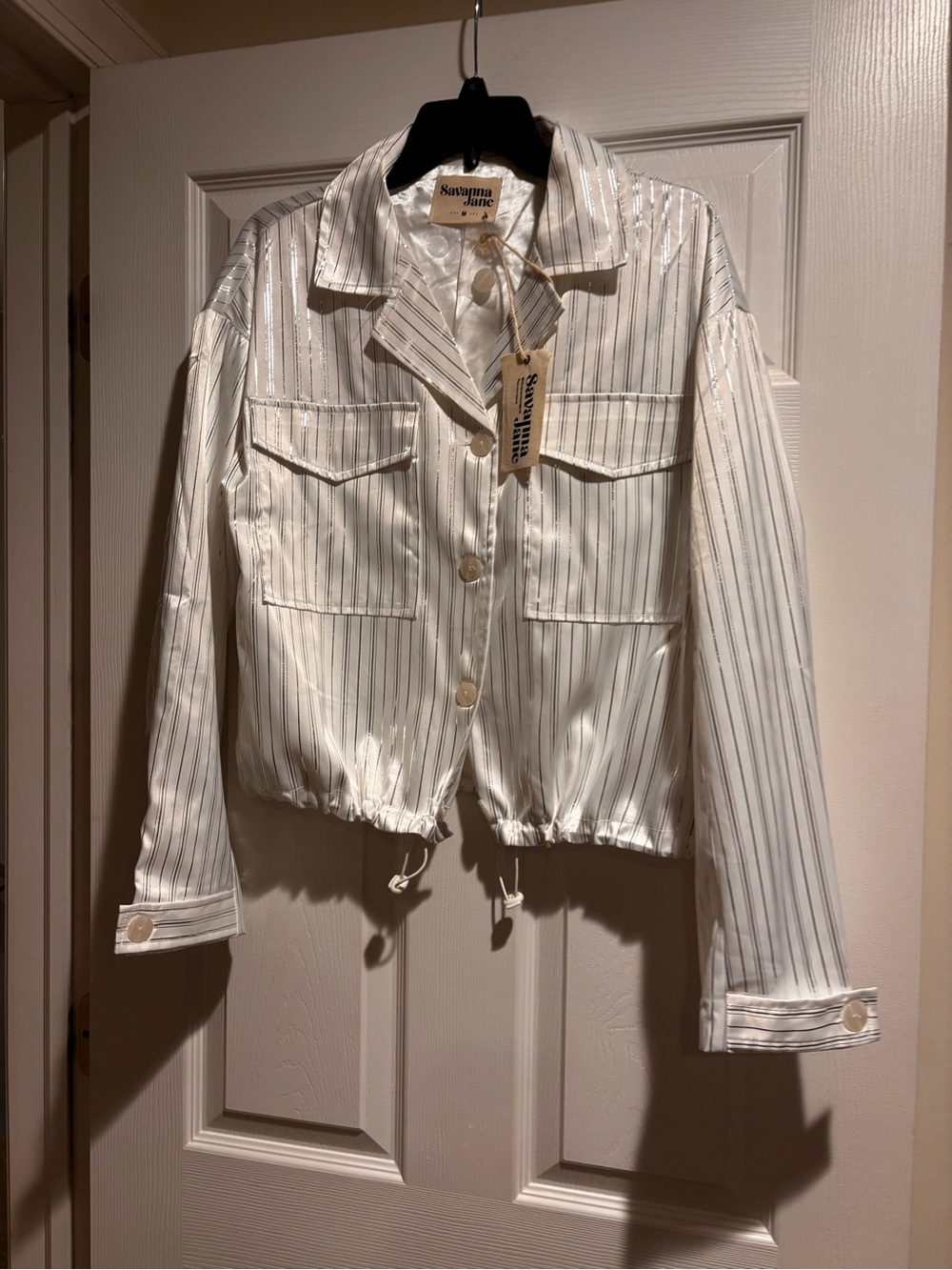 NWT White/Silver Metallic Pinstripe Drawstring Utility Jacket